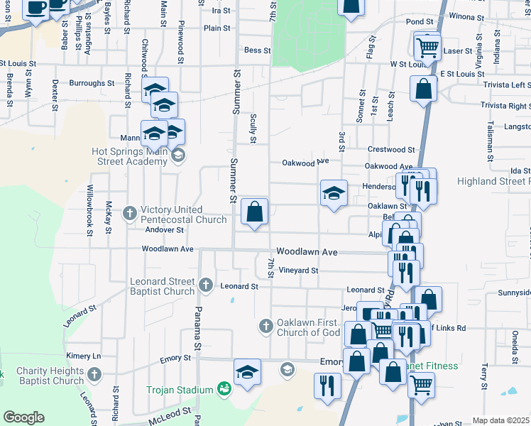map of restaurants, bars, coffee shops, grocery stores, and more near 1604 7th Street in Hot Springs
