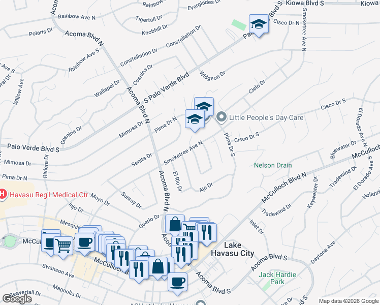 map of restaurants, bars, coffee shops, grocery stores, and more near 2330 Smoketree Avenue North in Lake Havasu City