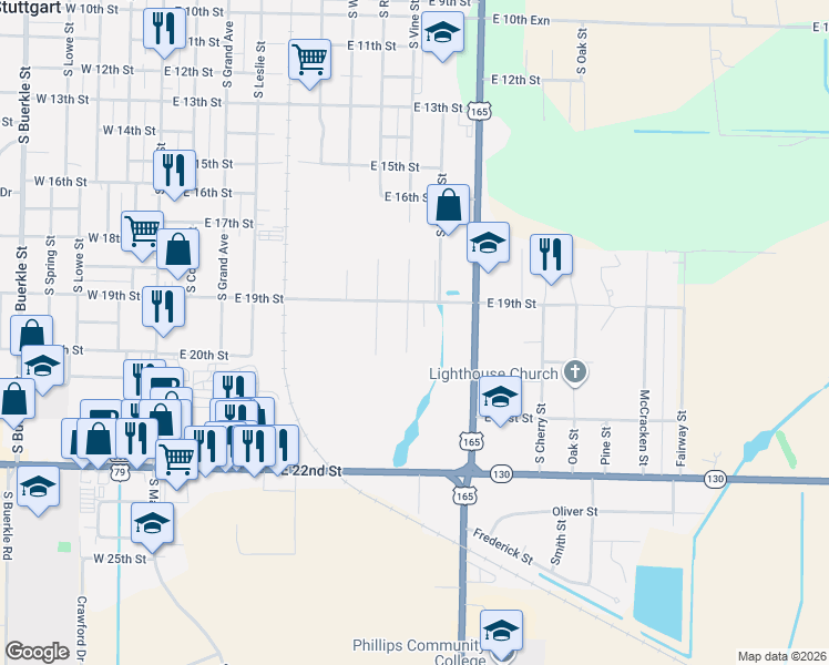 map of restaurants, bars, coffee shops, grocery stores, and more near 1916 South Vine Street in Stuttgart