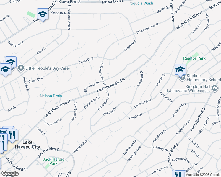 map of restaurants, bars, coffee shops, grocery stores, and more near 2770 McCulloch Boulevard North in Lake Havasu City