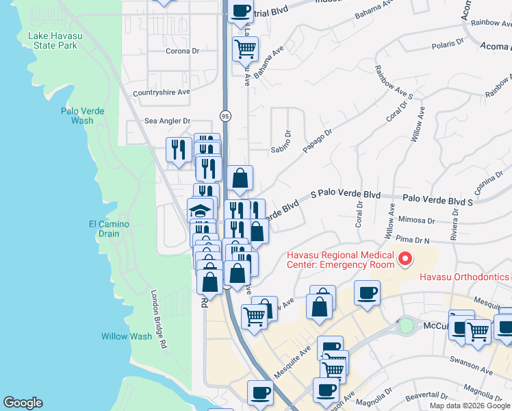 map of restaurants, bars, coffee shops, grocery stores, and more near 311 North Lake Havasu Avenue in Lake Havasu City