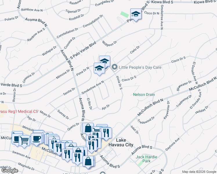 map of restaurants, bars, coffee shops, grocery stores, and more near 192 Mescal Loop in Lake Havasu City