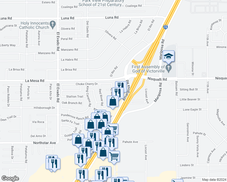 map of restaurants, bars, coffee shops, grocery stores, and more near 12825 Snake River Drive in Victorville
