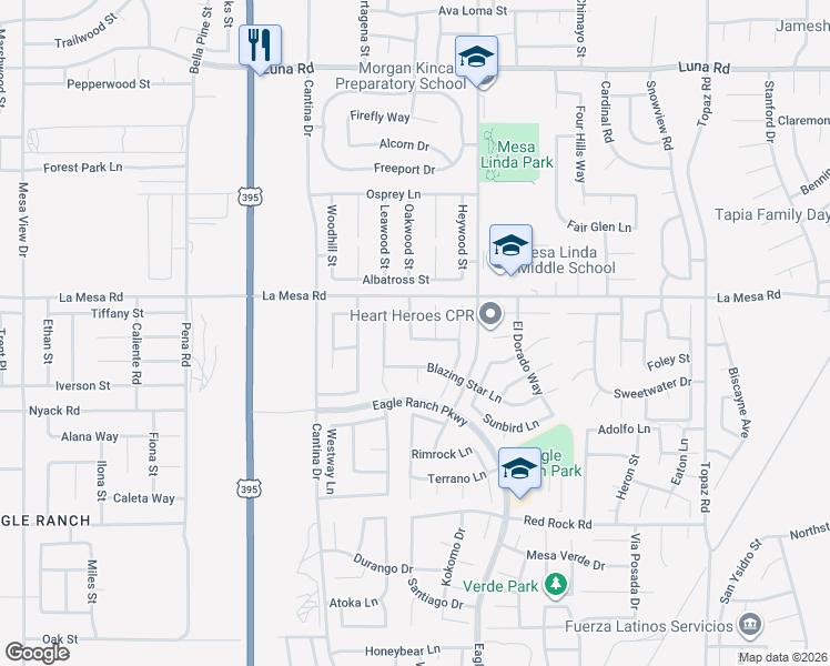 map of restaurants, bars, coffee shops, grocery stores, and more near 12827 Pueblo Lane in Victorville
