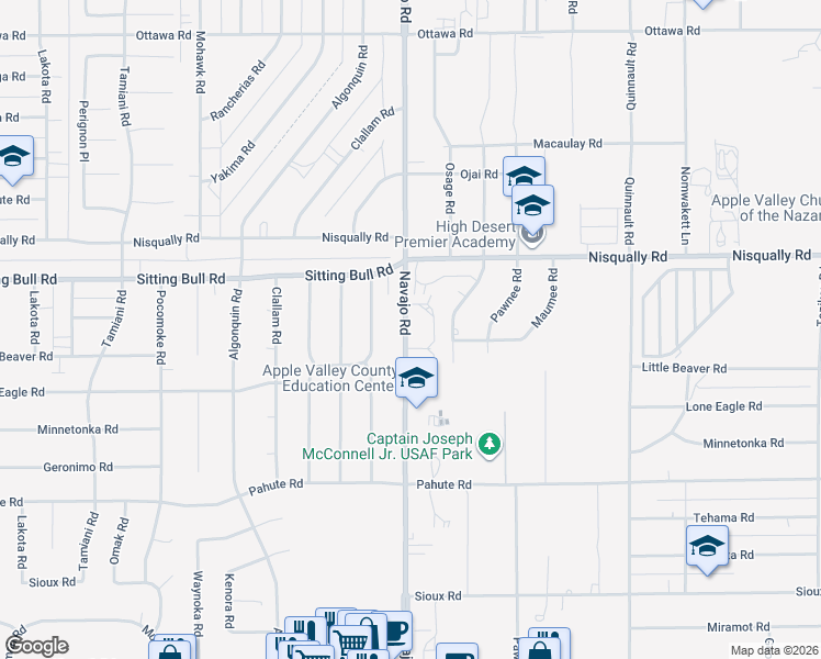 map of restaurants, bars, coffee shops, grocery stores, and more near 7 Navajo Road in Apple Valley