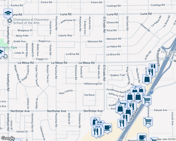 map of restaurants, bars, coffee shops, grocery stores, and more near 14360 Las Flores Drive in Victorville