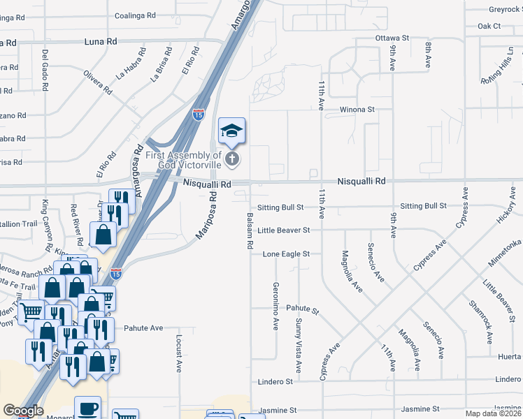 map of restaurants, bars, coffee shops, grocery stores, and more near Sitting Bull Street in Victorville