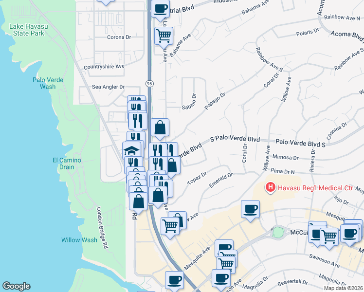 map of restaurants, bars, coffee shops, grocery stores, and more near 1649 Palo Verde Boulevard South in Lake Havasu City