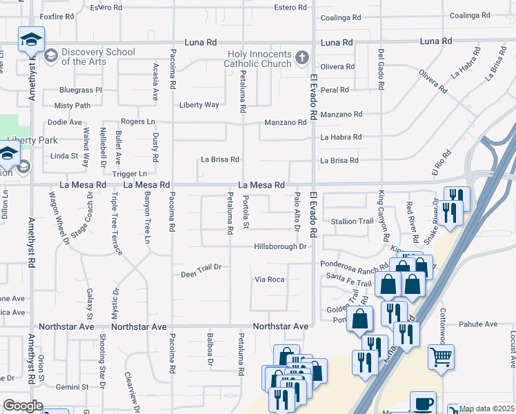 map of restaurants, bars, coffee shops, grocery stores, and more near 14340 Las Flores Drive in Victorville