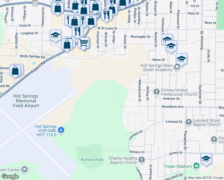 map of restaurants, bars, coffee shops, grocery stores, and more near 50 Woodlawn Avenue in Hot Springs