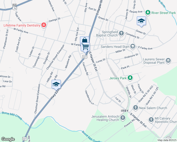 map of restaurants, bars, coffee shops, grocery stores, and more near 401 Fairview Road in Laurens