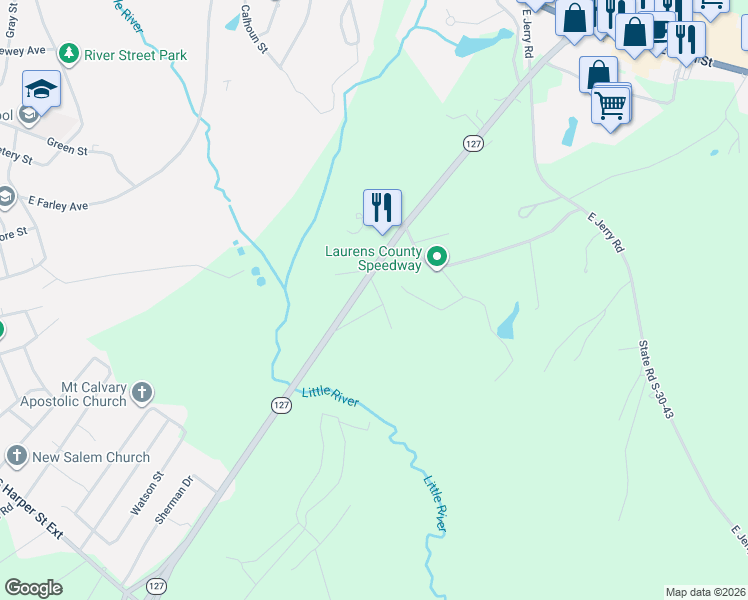 map of restaurants, bars, coffee shops, grocery stores, and more near Vic Scored Drive in Laurens