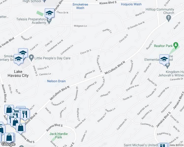 map of restaurants, bars, coffee shops, grocery stores, and more near 2700 Bluewater Drive in Lake Havasu City