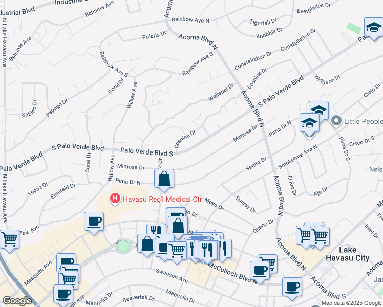 map of restaurants, bars, coffee shops, grocery stores, and more near 2044 Palo Verde Boulevard South in Lake Havasu City