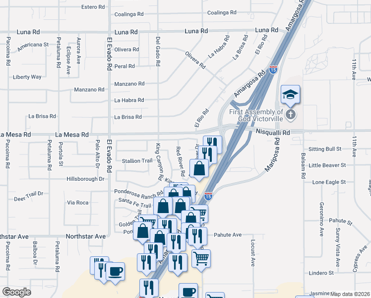 map of restaurants, bars, coffee shops, grocery stores, and more near 12813 Red River Road in Victorville
