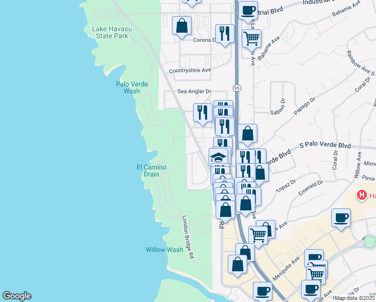 map of restaurants, bars, coffee shops, grocery stores, and more near 33 London Bridge Road in Lake Havasu City