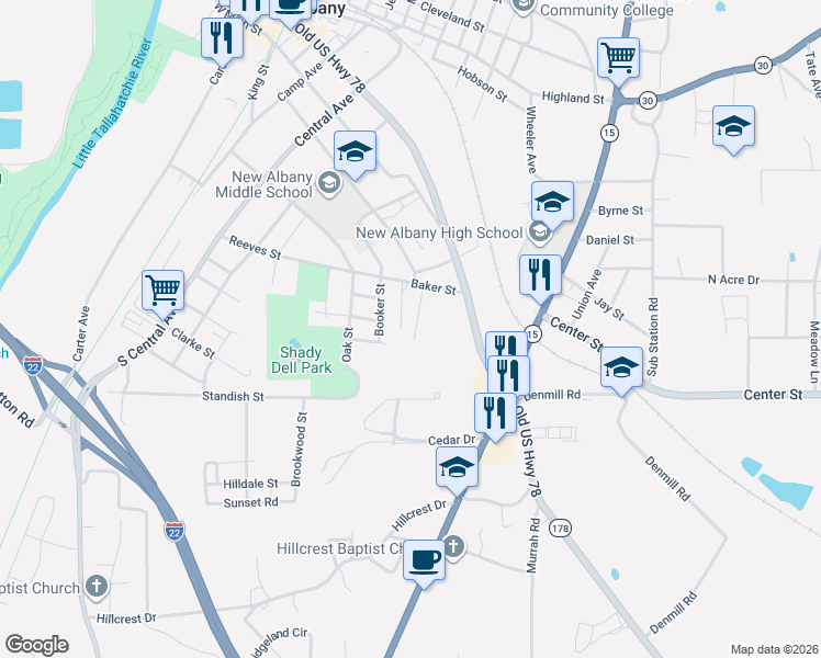 map of restaurants, bars, coffee shops, grocery stores, and more near 599 Ford Street in New Albany