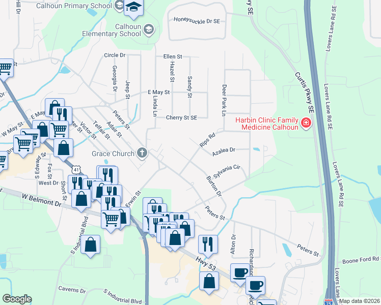 map of restaurants, bars, coffee shops, grocery stores, and more near 104 Rips Road in Calhoun