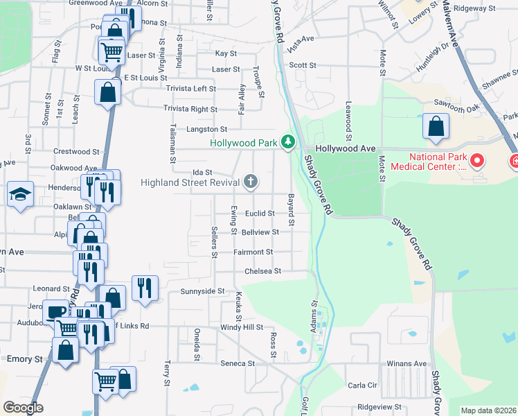 map of restaurants, bars, coffee shops, grocery stores, and more near 503 Euclid Street in Hot Springs