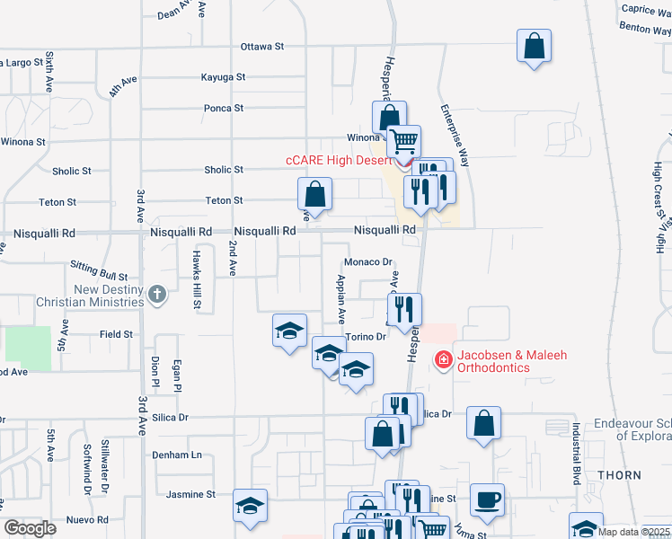 map of restaurants, bars, coffee shops, grocery stores, and more near 12816 Appian Avenue in Victorville
