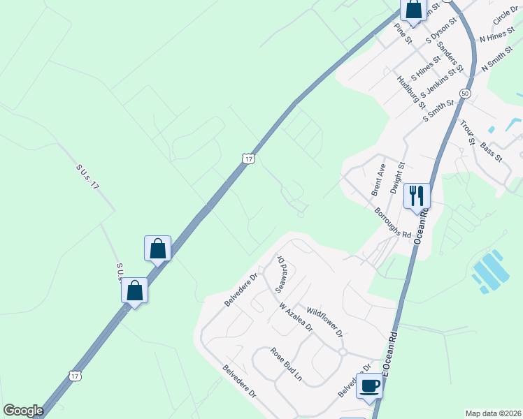 map of restaurants, bars, coffee shops, grocery stores, and more near 530 Commercial Lane in Holly Ridge
