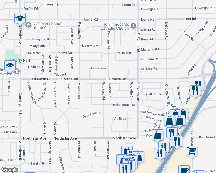 map of restaurants, bars, coffee shops, grocery stores, and more near 12856 Portola Street in Victorville