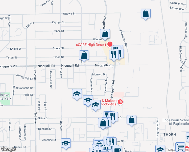 map of restaurants, bars, coffee shops, grocery stores, and more near 16967 Monaco Drive in Victorville