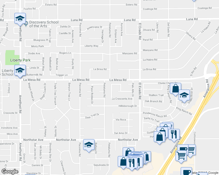 map of restaurants, bars, coffee shops, grocery stores, and more near 12856 Portola Street in Victorville