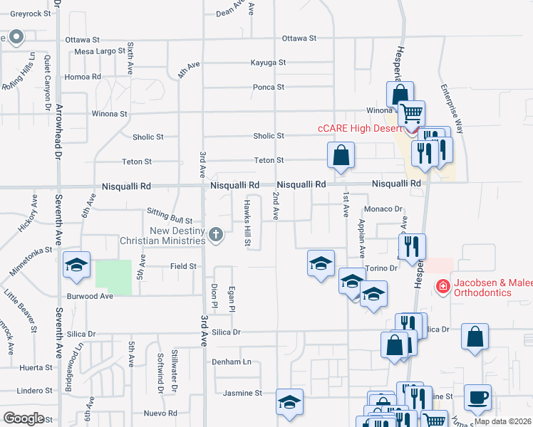 map of restaurants, bars, coffee shops, grocery stores, and more near 16675 Bear Creek Way in Victorville