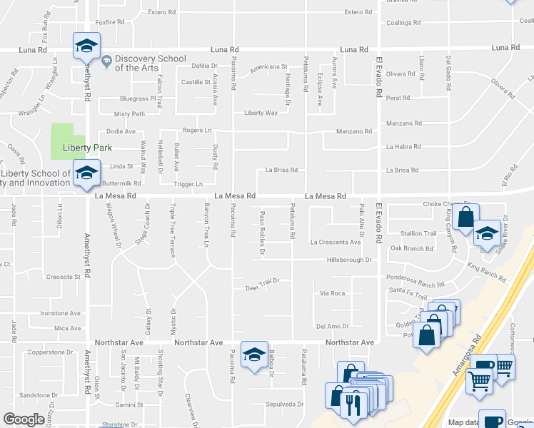 map of restaurants, bars, coffee shops, grocery stores, and more near 12855 Paso Robles Drive in Victorville