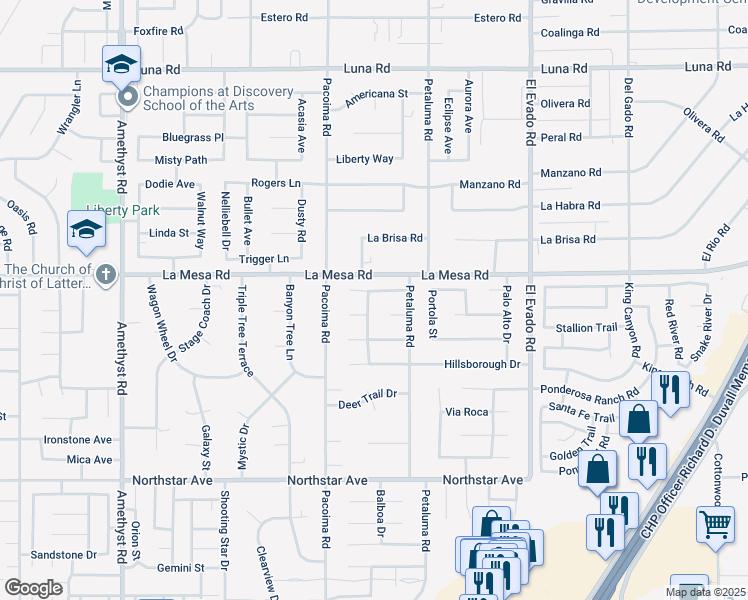 map of restaurants, bars, coffee shops, grocery stores, and more near 12855 Paso Robles Drive in Victorville