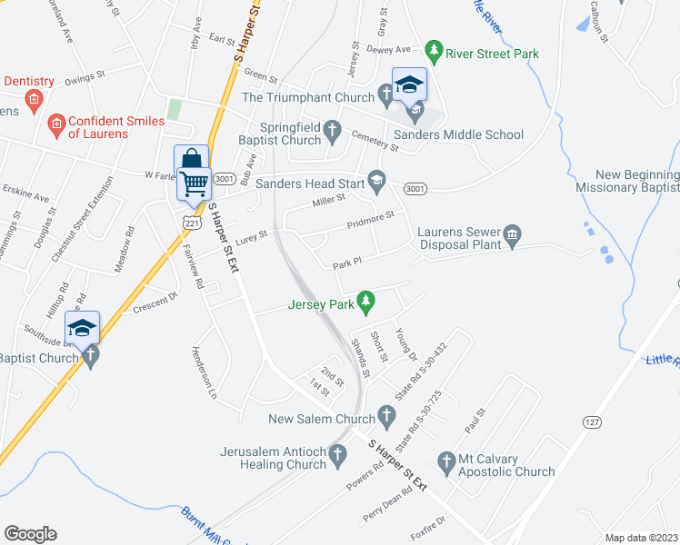 map of restaurants, bars, coffee shops, grocery stores, and more near 101 Truman Street in Laurens