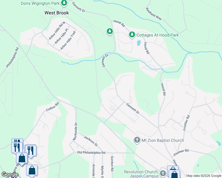 map of restaurants, bars, coffee shops, grocery stores, and more near 15 Pine Branch Road in Jasper