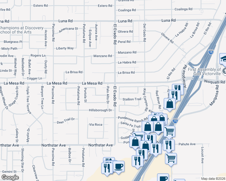 map of restaurants, bars, coffee shops, grocery stores, and more near 12820 Kern River Road in Victorville