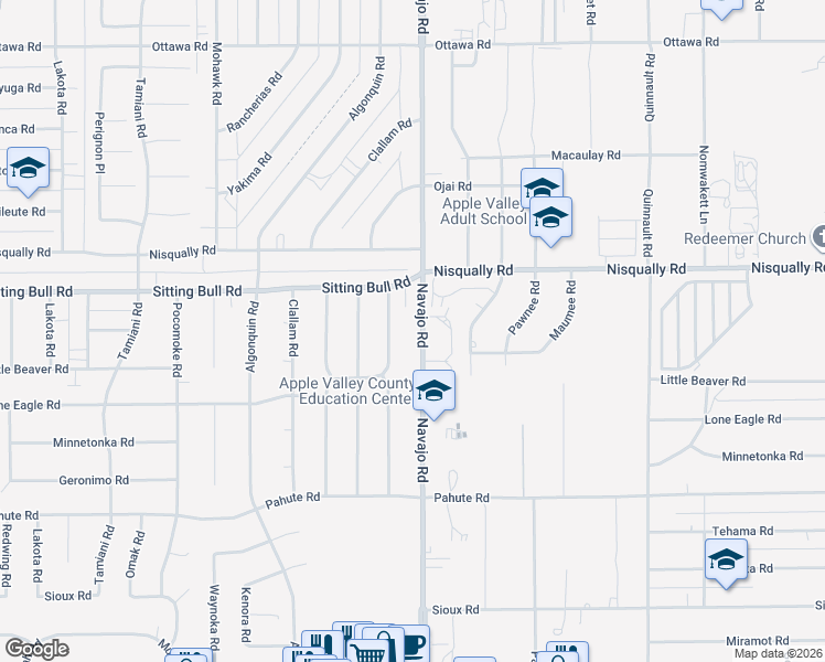 map of restaurants, bars, coffee shops, grocery stores, and more near 12762 Navajo Road in Apple Valley