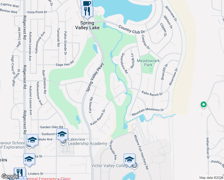 map of restaurants, bars, coffee shops, grocery stores, and more near 18199 Country Glen Lane in Victorville