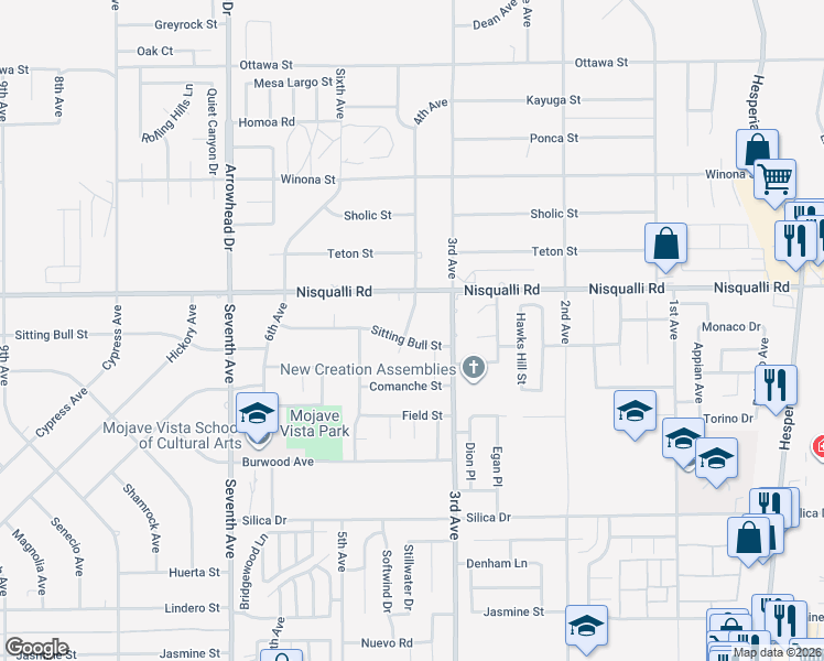 map of restaurants, bars, coffee shops, grocery stores, and more near 16401 Sitting Bull Street in Victorville