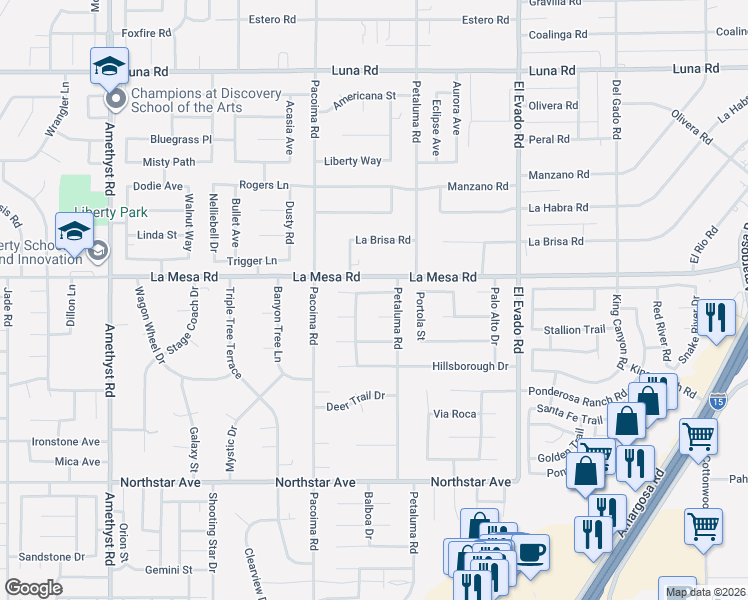 map of restaurants, bars, coffee shops, grocery stores, and more near 14251 Petaluma Court in Victorville