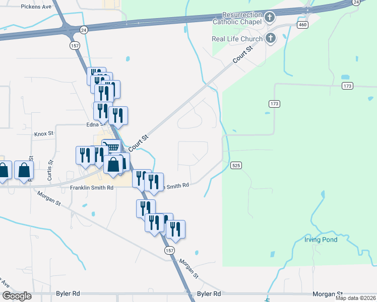 map of restaurants, bars, coffee shops, grocery stores, and more near 15 Highland Cove in Moulton