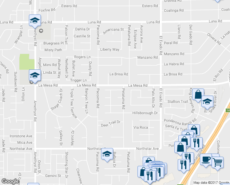 map of restaurants, bars, coffee shops, grocery stores, and more near 14211 La Mirada Street in Victorville