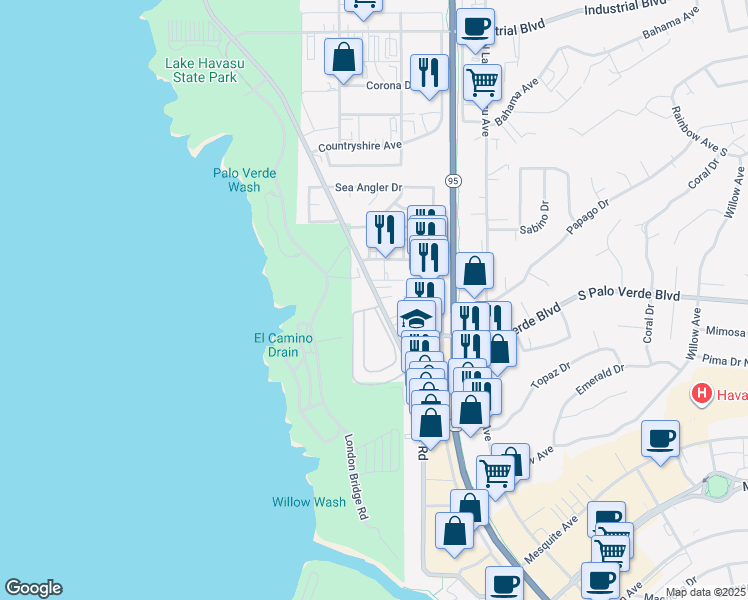 map of restaurants, bars, coffee shops, grocery stores, and more near 433 London Bridge Road in Lake Havasu City