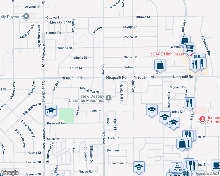 map of restaurants, bars, coffee shops, grocery stores, and more near 16546 San Juan Place in Victorville