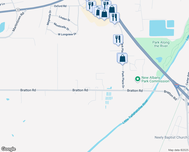 map of restaurants, bars, coffee shops, grocery stores, and more near 1119 Bratton Road in New Albany