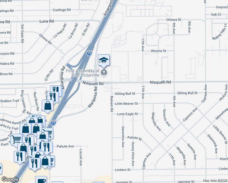 map of restaurants, bars, coffee shops, grocery stores, and more near 15312 Sitting Bull Street in Victorville