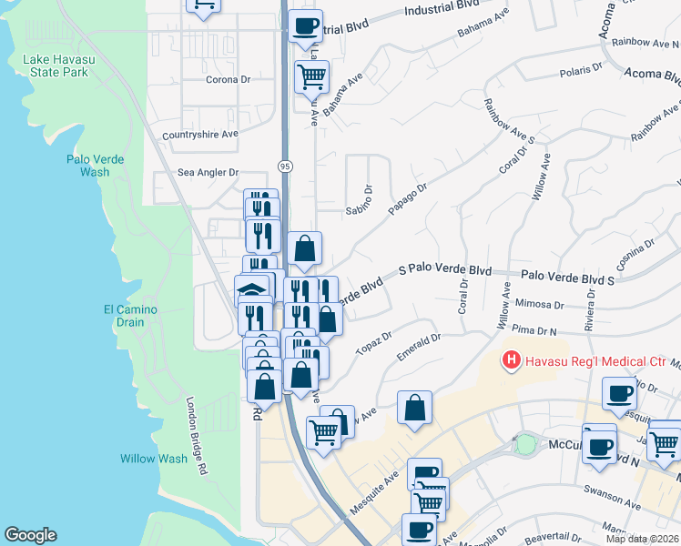 map of restaurants, bars, coffee shops, grocery stores, and more near 1640 Papago Drive in Lake Havasu City
