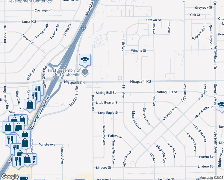 map of restaurants, bars, coffee shops, grocery stores, and more near 15430 Sitting Bull Street in Victorville