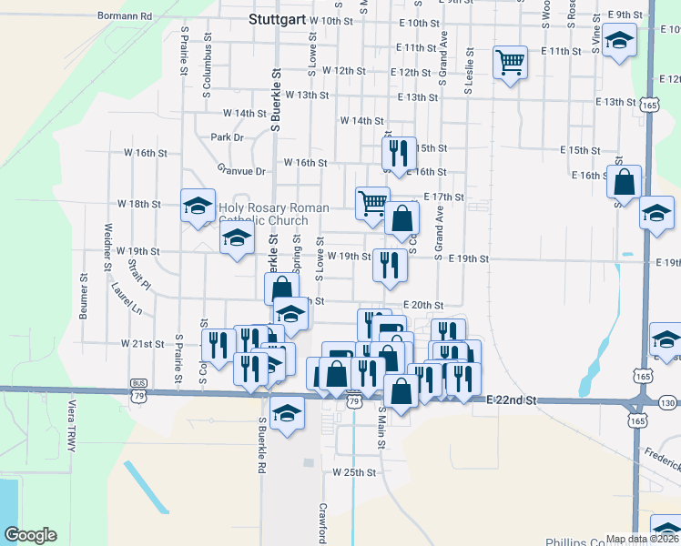 map of restaurants, bars, coffee shops, grocery stores, and more near 212 West 20th Street in Stuttgart