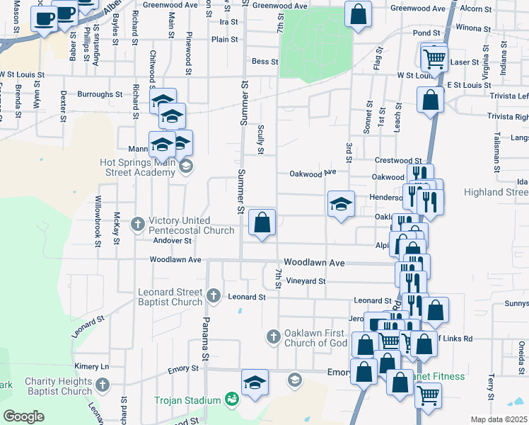 map of restaurants, bars, coffee shops, grocery stores, and more near 1604 7th Street in Hot Springs