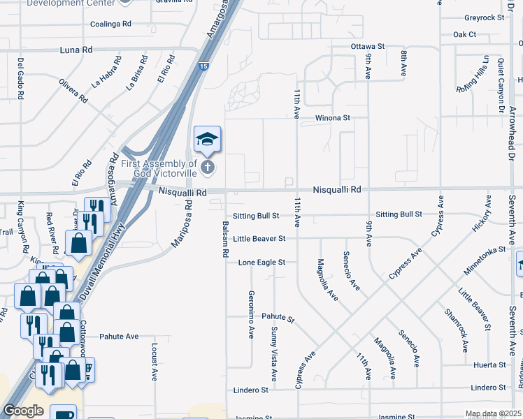 map of restaurants, bars, coffee shops, grocery stores, and more near 15390 Sitting Bull Street in Victorville