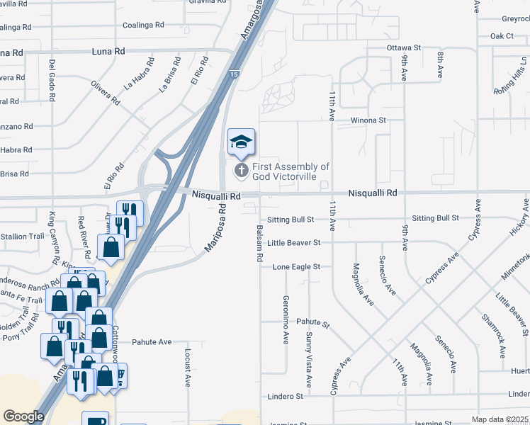 map of restaurants, bars, coffee shops, grocery stores, and more near 15312 Sitting Bull Street in Victorville